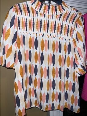 THML Women’s Smocked High-Neck Top in White with Mustard, Coral and Navy Pattern